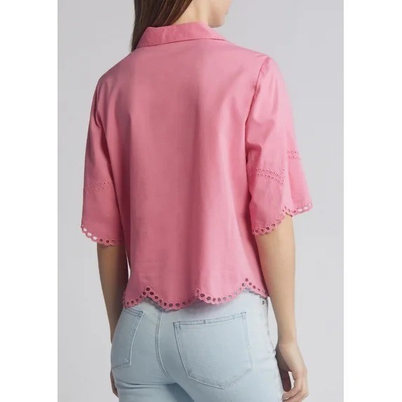 Beachlunchlounge Women’s M Pink Scalloped Hem Eyelet Blouse Short Sleeve M1051