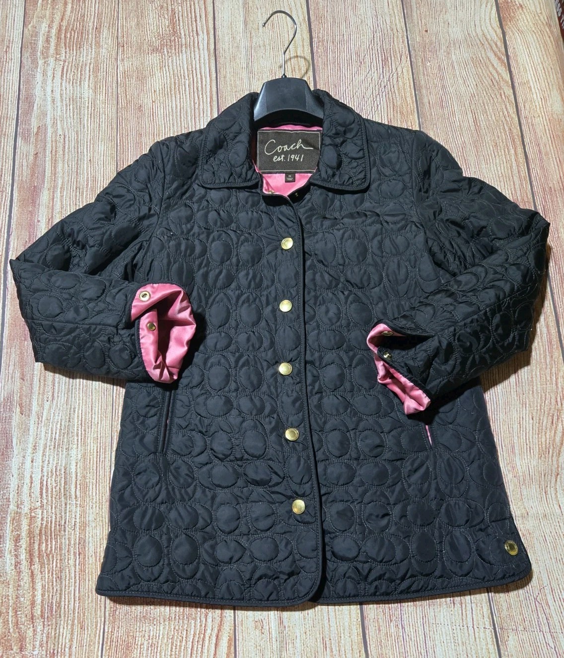 Coach Black & Pink Monogram C Logo Quilted Jacket Size XS Satin Pink Lining