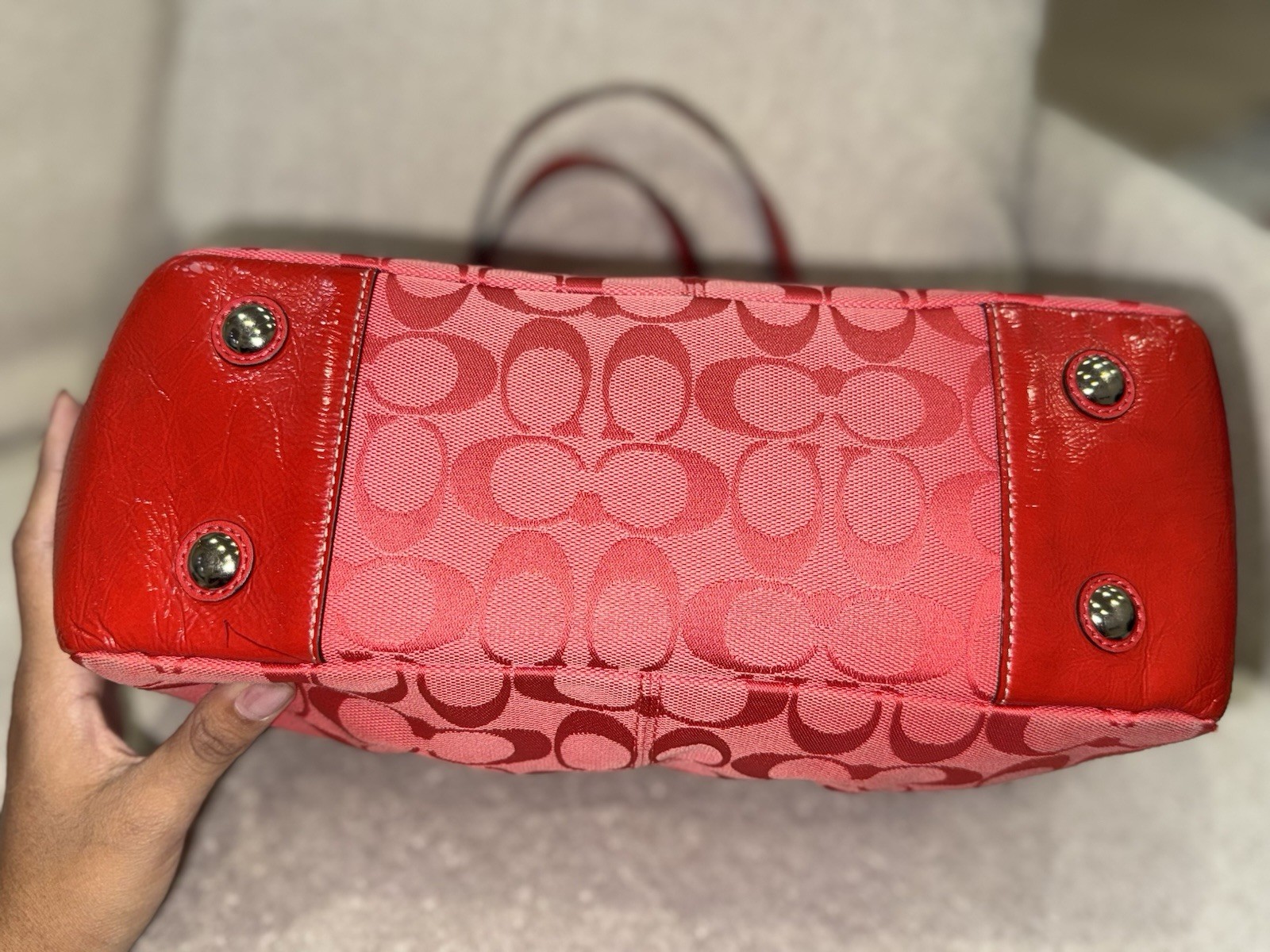 Coach Signature Pink/Red Tote Bag Zip Top Silver Hardware Charm Pockets Studs