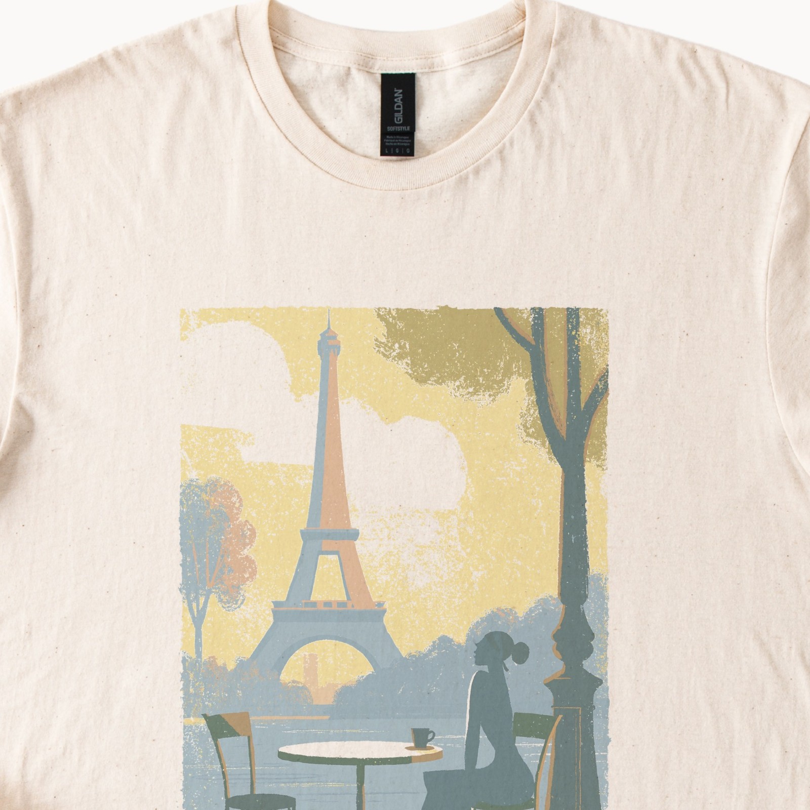 Parisian Café Retro Travel Poster Graphic Tee Natural Cotton
