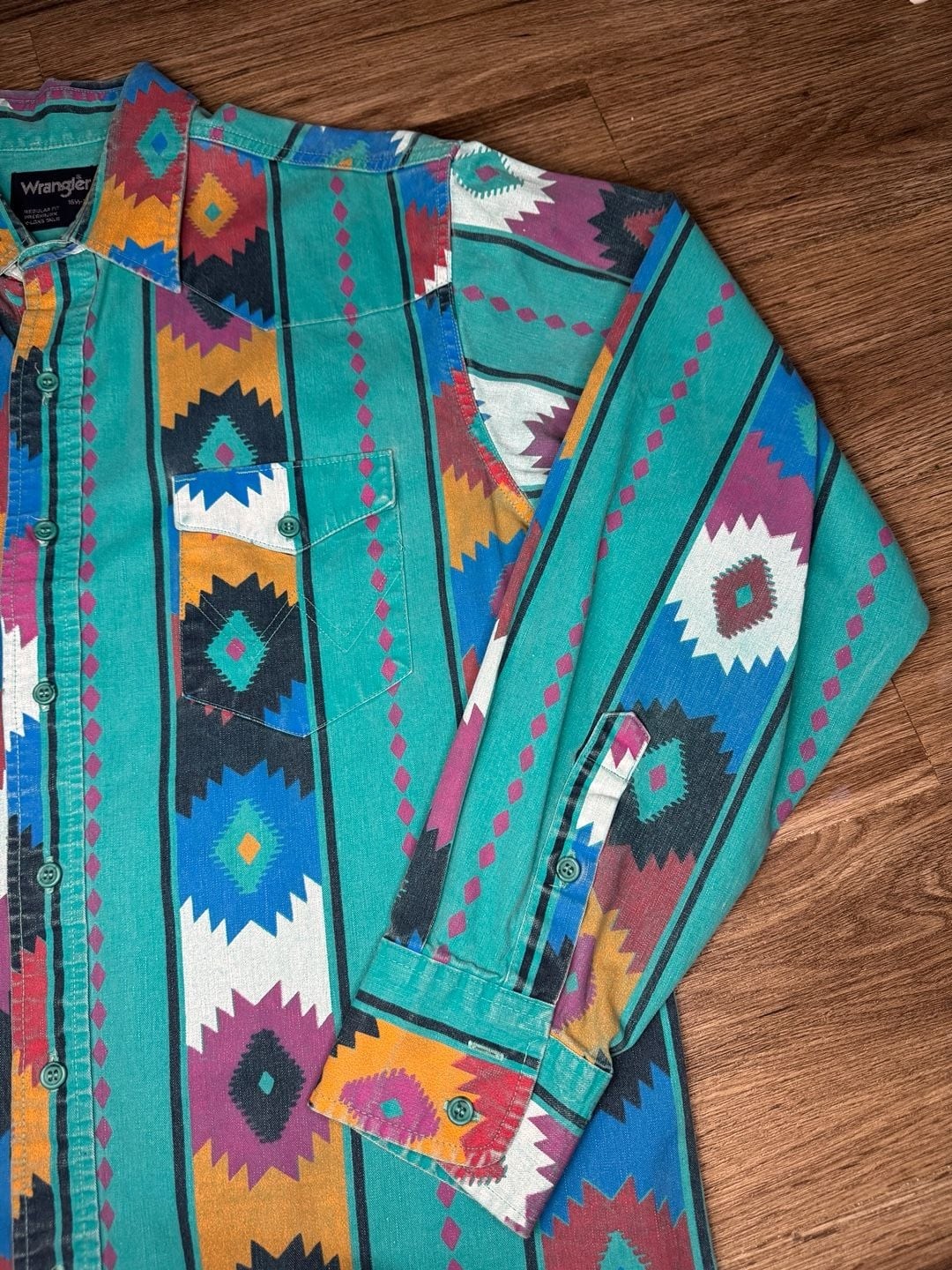 Vintage Wrangler Brushpopper Western Shirt Aztec Geometric Print Teal LongSleeve