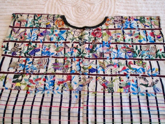 Antique Huipil Tunic Santiago Atitlan Guatemala Hand Embroidered Birds 29″ Wide