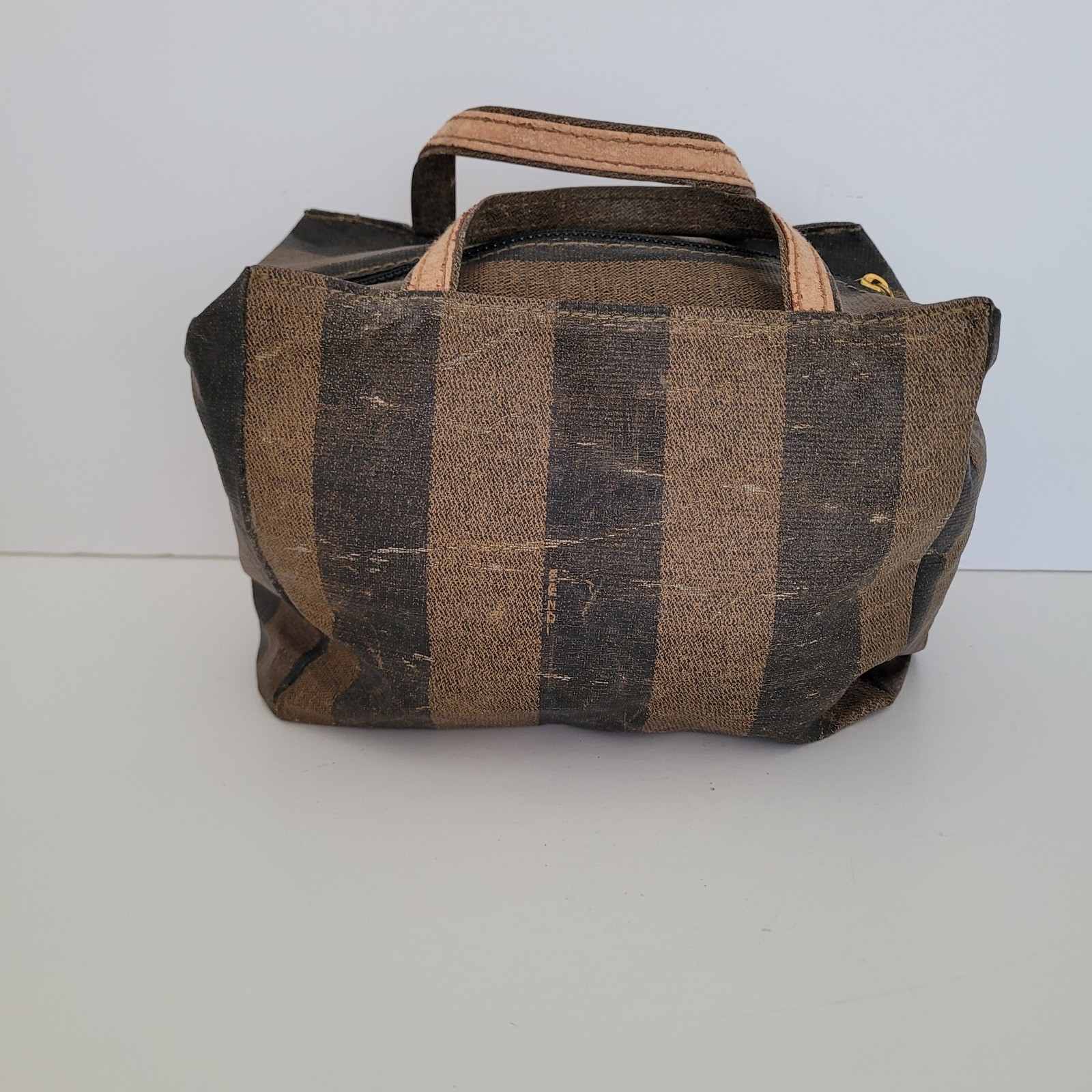 Vintage Fendi Pequin Stripe Vanity Bag Brown Black Coated Canvas Handbag FF Logo