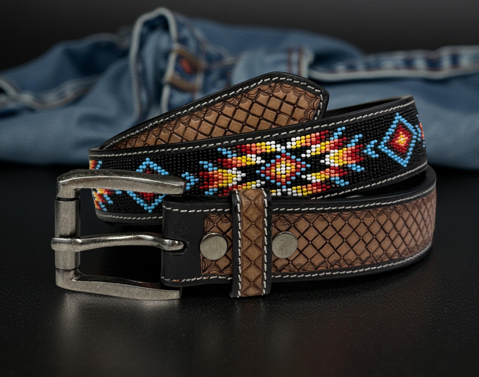 Full Grain Leather Hand Tooled Western Belt Cowboy Rodeo Beaded Removable Buckle