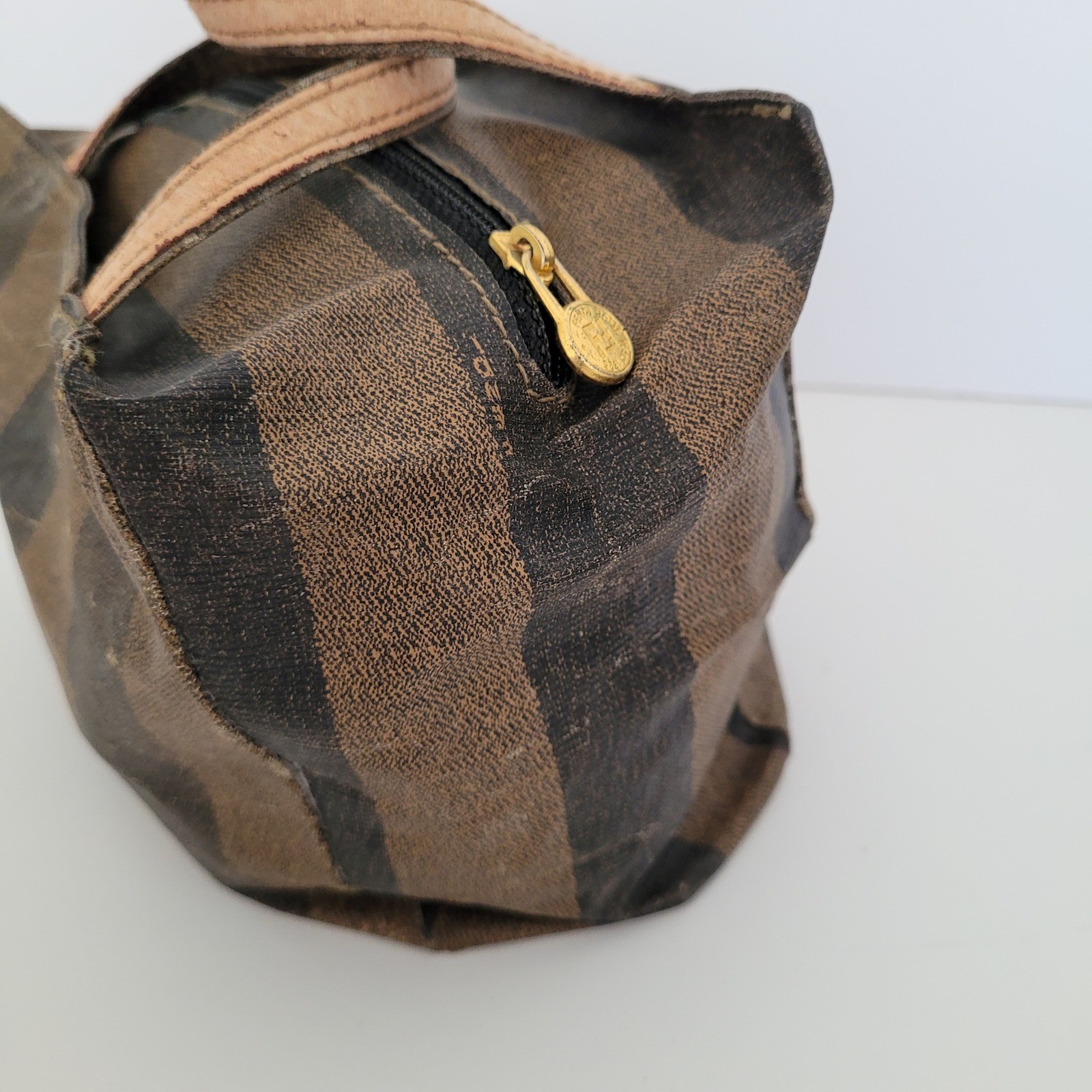 Vintage Fendi Pequin Stripe Vanity Bag Brown Black Coated Canvas Handbag FF Logo