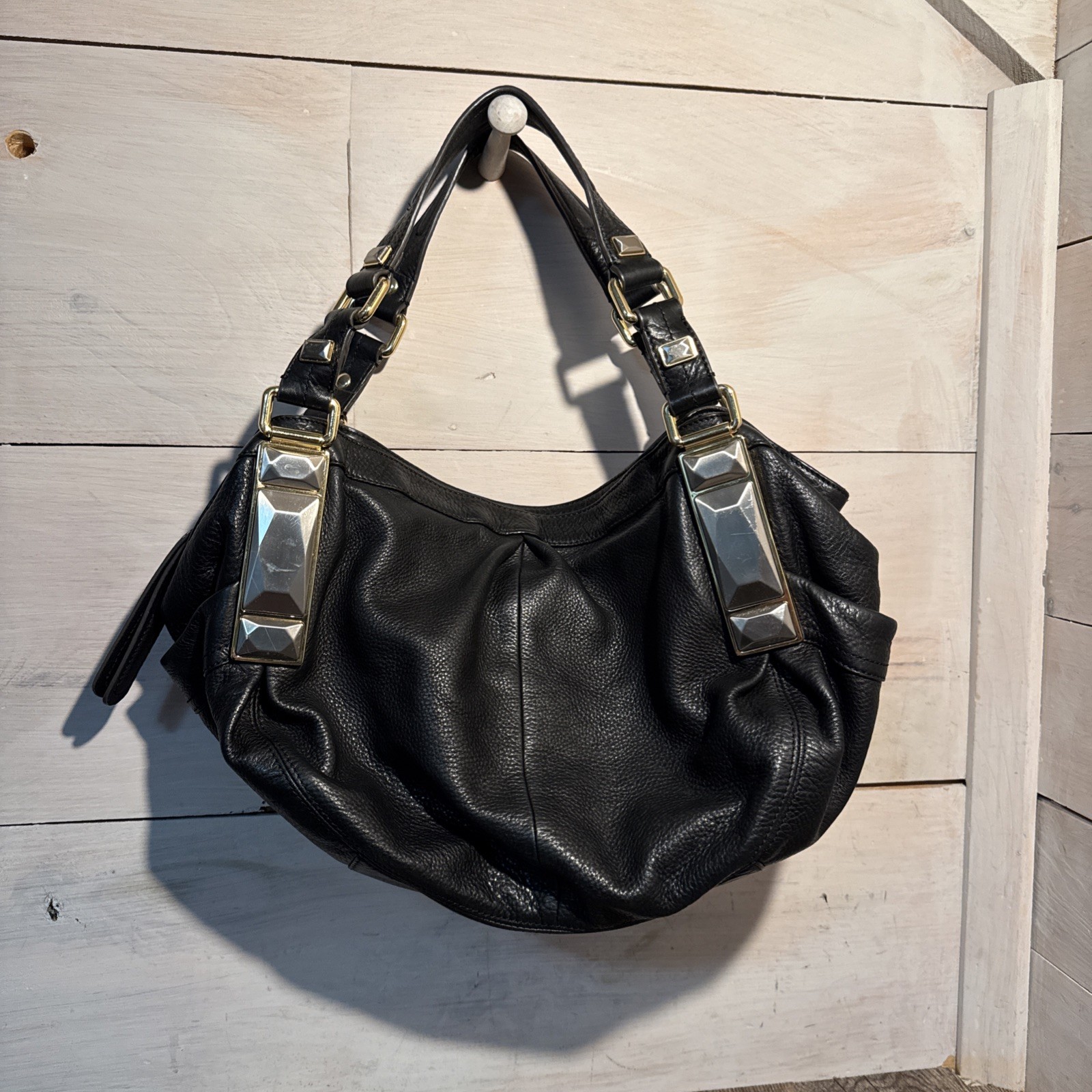 B. Makowsky Pebbled Black Leather Shoulder Hobo Bag Gold Embellishments