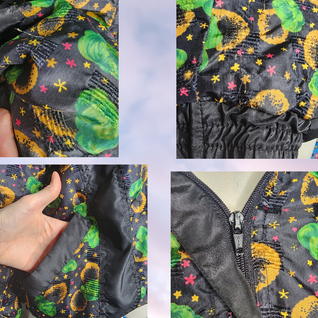 Vtg 80s Miramax Colorful Zip Up Windbreaker Floral Black Green Yellow Stars L