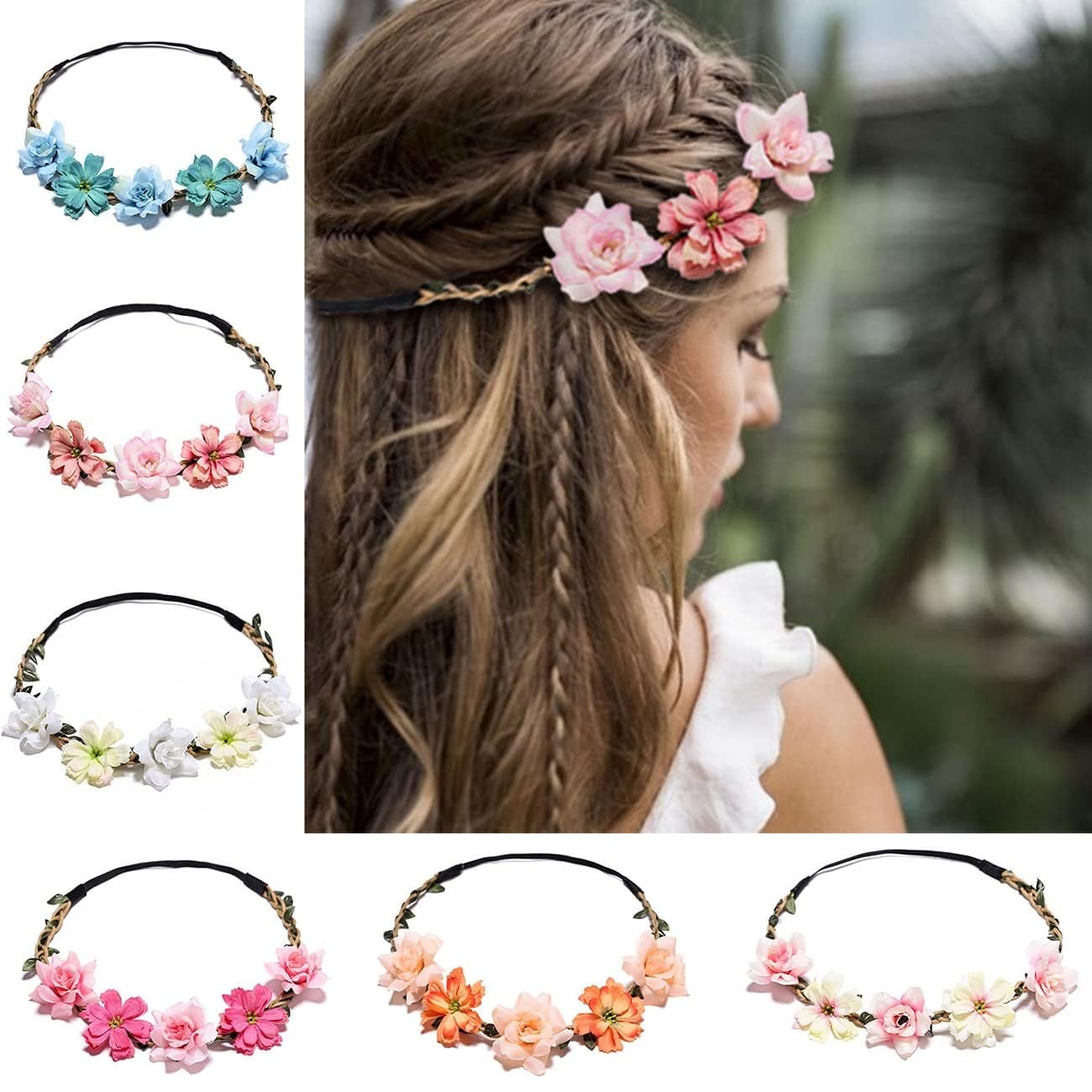 Women Headpieces Collection Accessories – 6 PCS Boho Hair Wreaths, Flower Crowns