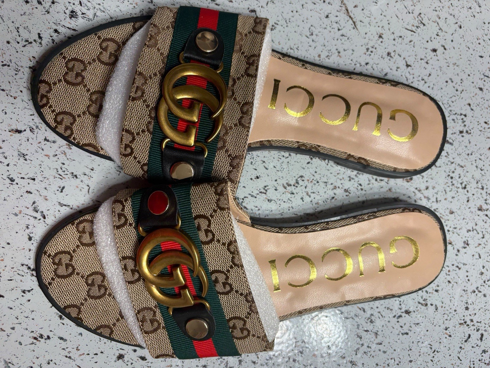 Gucci Men’s GG Monogram Web Stripe Leather Slide Sandals Beige US 6.5