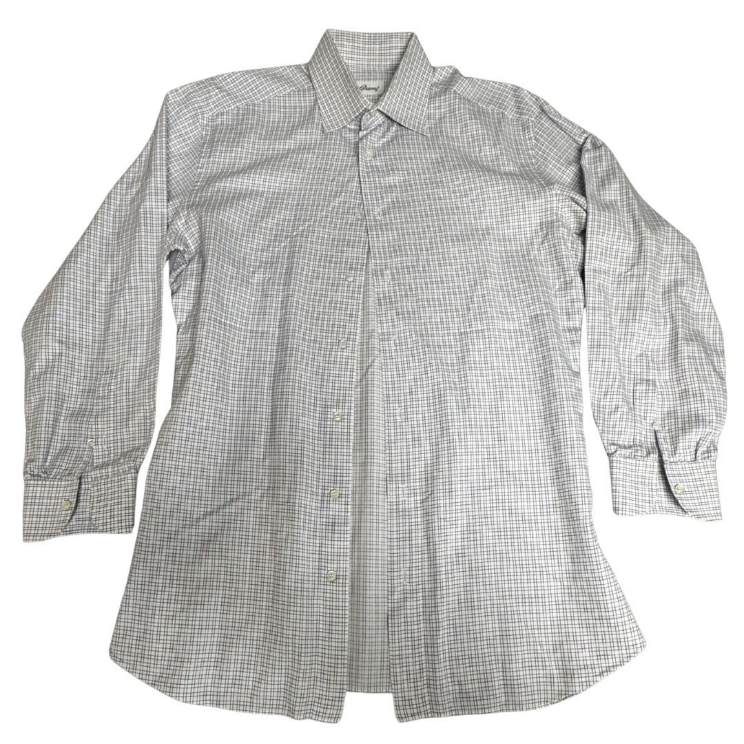 Brioni Dress Shirt Men’s 16.5 White Blue Check Luxury Cotton