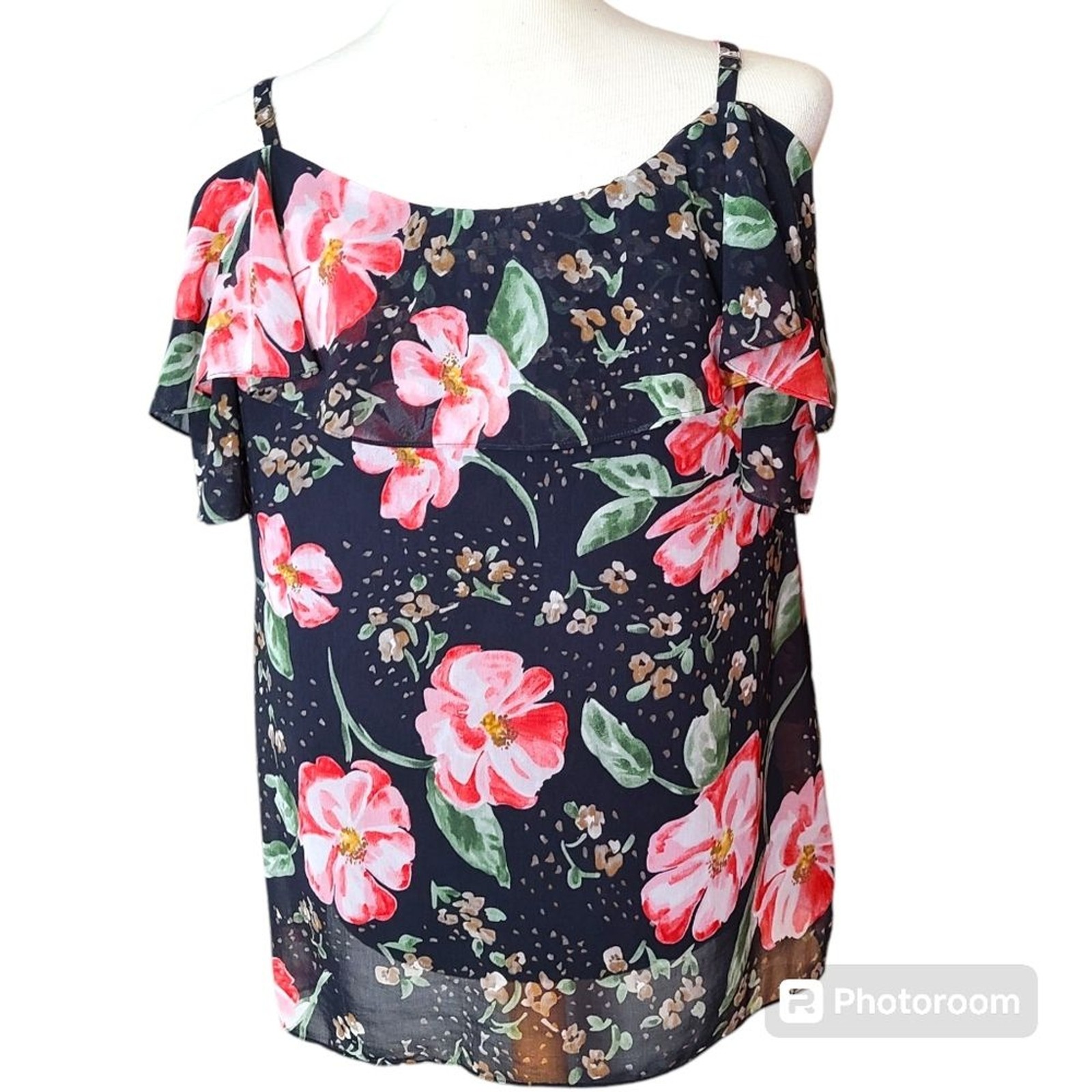 CABI Size Medium Navy Pink Floral Ruffled Off the Shoulder Blouse Coastal Chic
