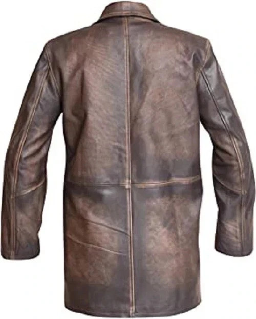 Men Vintage Biker Motorcycle Cowhide Leather Jacket Distressed Brown Long Jacket