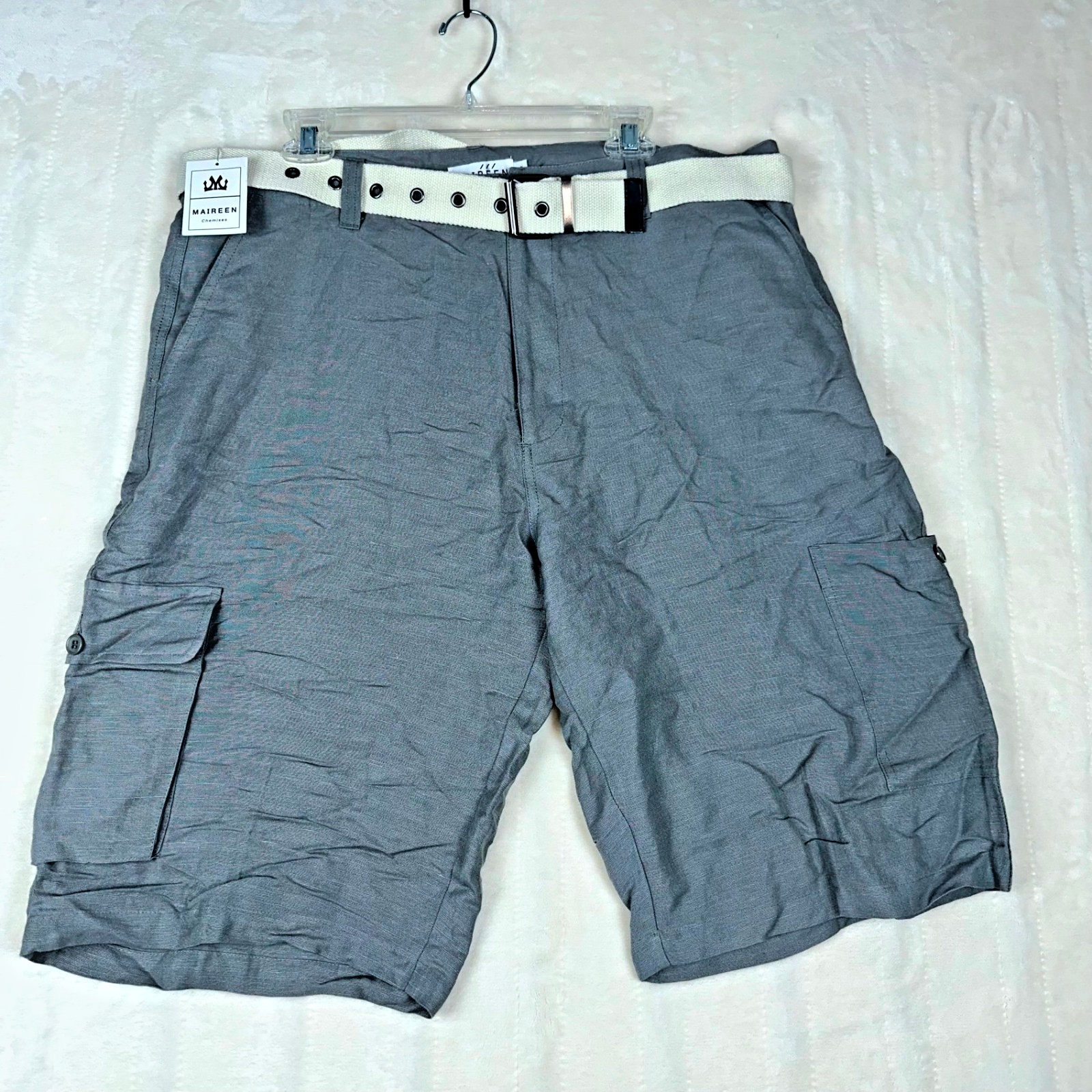 Maireen Men’s Gray Linen Blend Cargo Shorts Size 38 w/ Belt Casual Summer