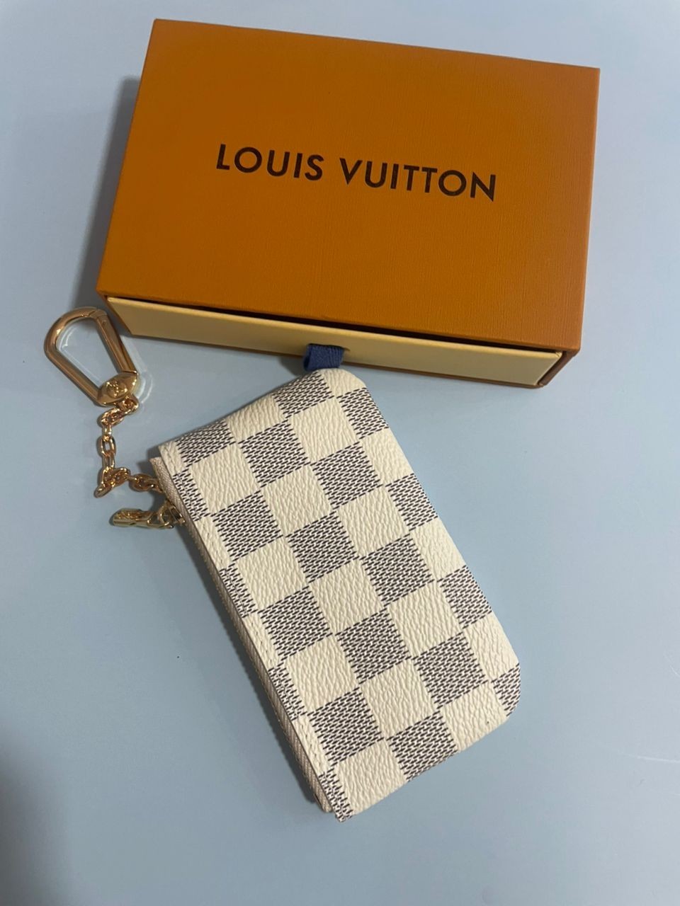 LOUIS VUITTON Azure Damier Ebene Coin Purse Key Pochette Cles with Box