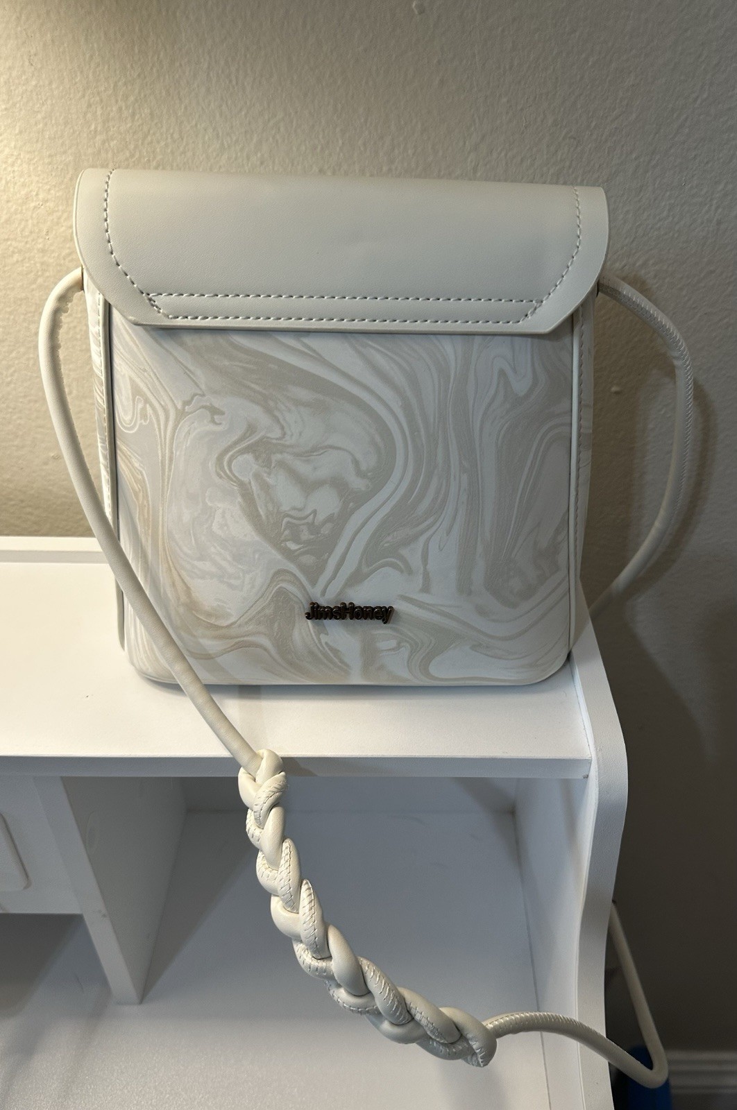 JIMS HONEY White/Gray Marbled Small Crossbody Bag Snap Closure Gold Hardware New