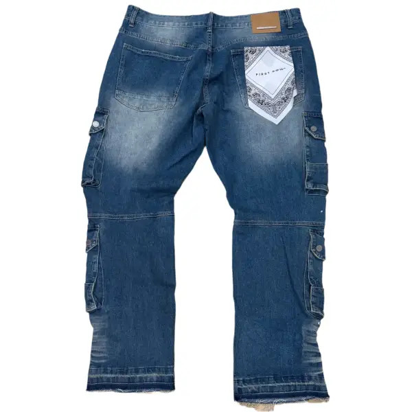 First Row Distressed Flare Cargo Loose Denim – High Fashion Streetwear Design