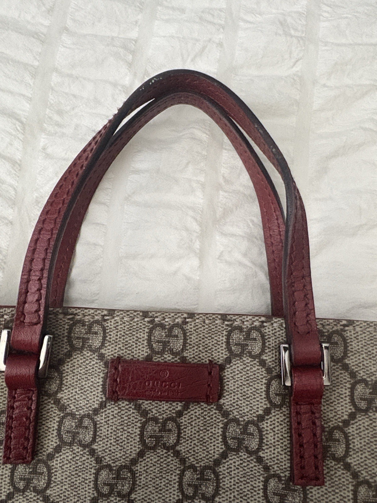 Gucci GG Supreme Medium Tote Beige Brown Red Double Leather Handles COA