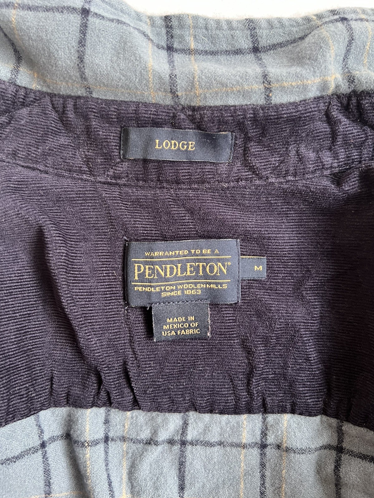 PENDLETON Lodge Flannel Shirt Mens Medium Plaid Pattern Virgin Wool Blue/Gray