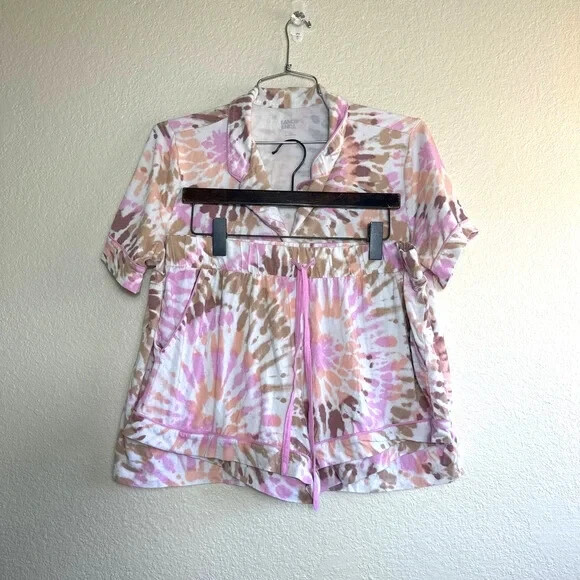 Lands End Comfort Knit Pajama Set Short Sleeve Top Shorts Pocket Pink tie dye 1X