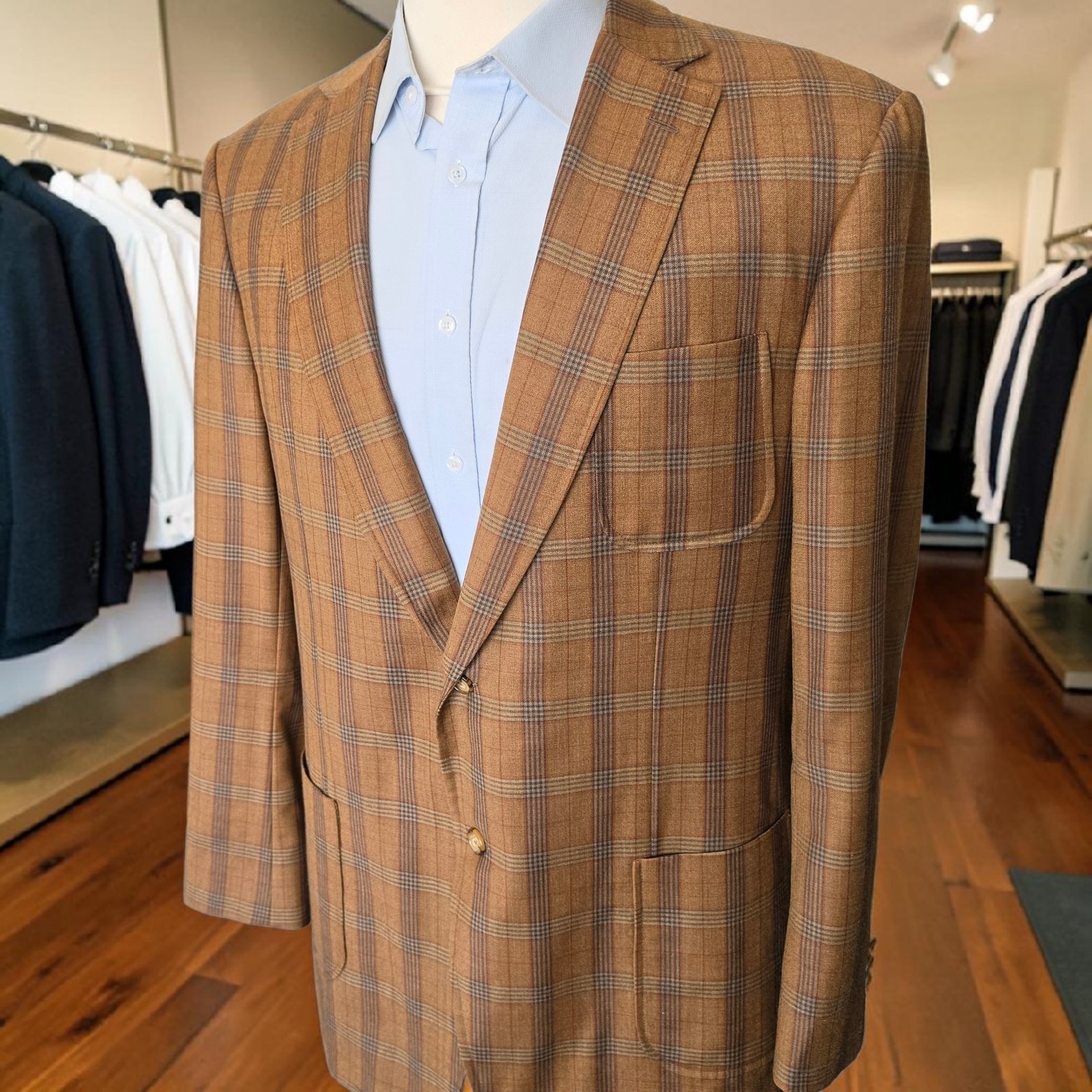 Bespoke Plaid Blazer 46r Full Canvas Working Cuff Patch Pocket Dual Vent