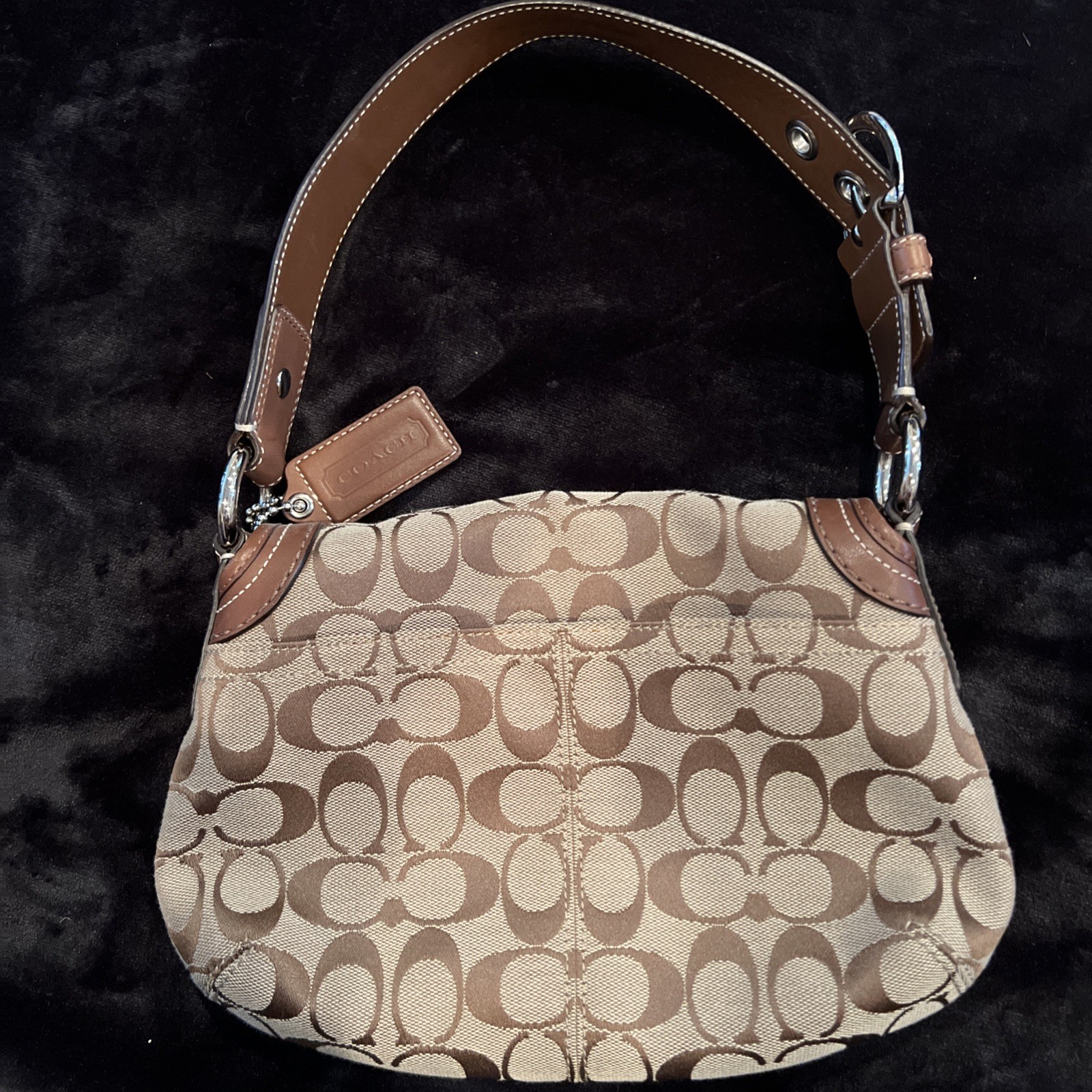Authentic Coach F13738 Signature Flap Shoulder Bag Brown Khaki Jacquard Purse