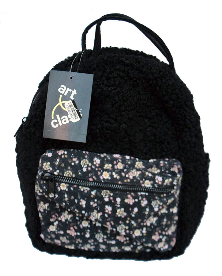 Art Class Mini Backpack Black Fleece & Fabric Floral Pocket Girls School Bag NEW