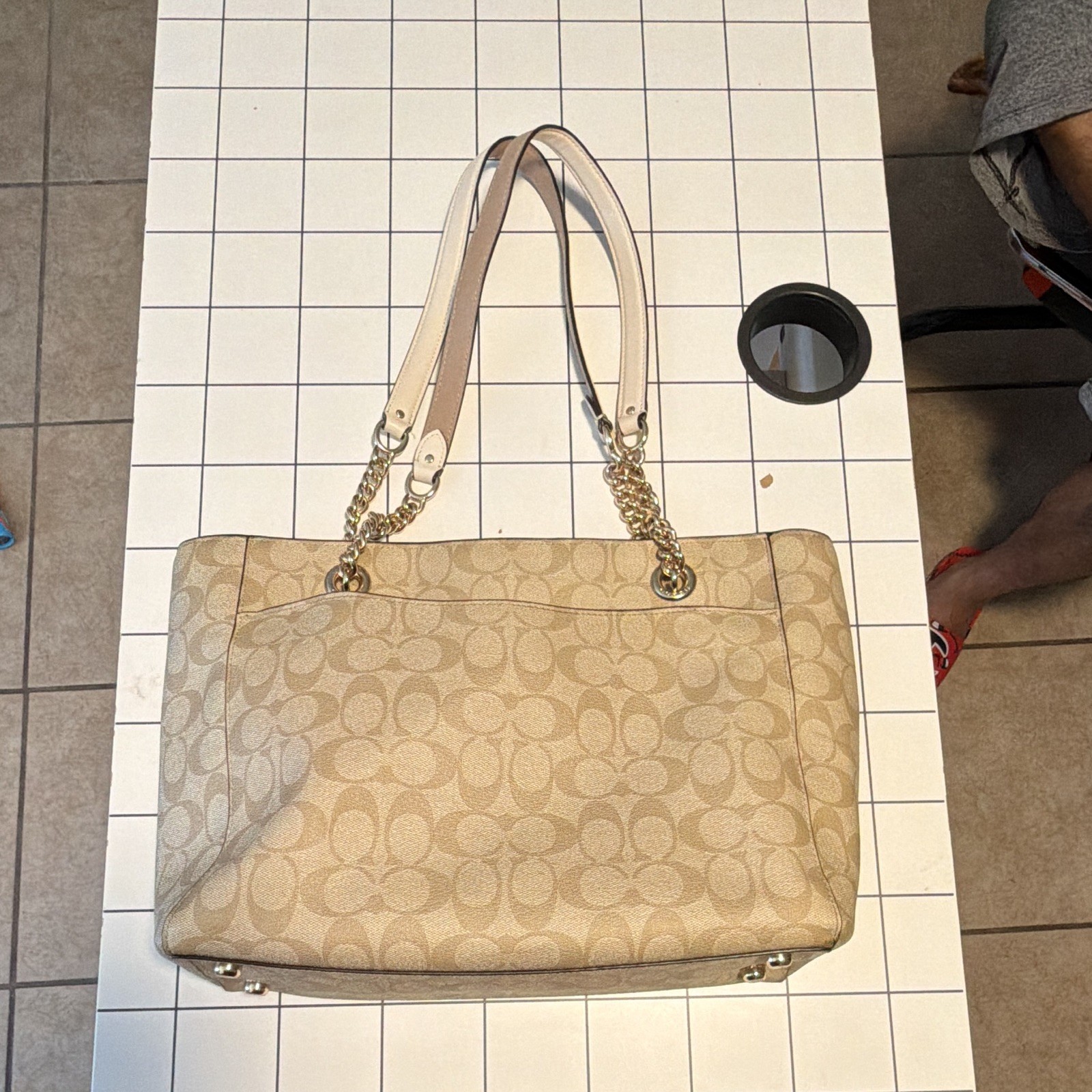 Coach Signature Beige Large Tote Zip Top Chain Strap Gold Hardware Charm