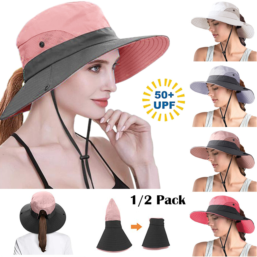 1/2Pack Womens Ponytail Sun Hat Bucket Wide Brim Boonie Beach Safari Cap Summer
