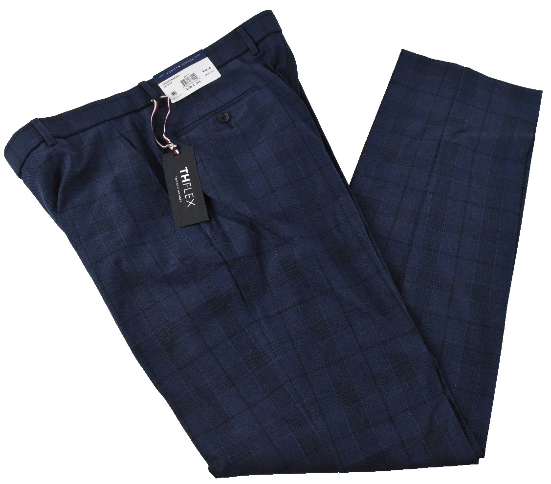 Tommy Hilfiger Mens Dress Pants New 36 x 30 Blue Check Stretch Flat Front THFlex