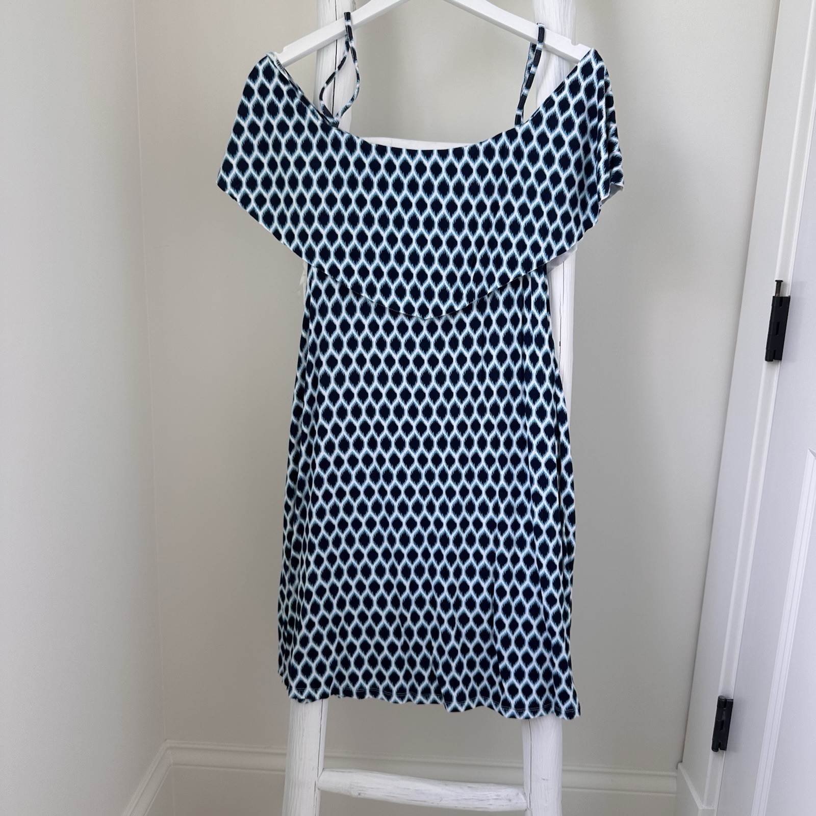 Tart Tacita Blue White Ikat Dress Scoop Neck Knee L Short Sleeve
