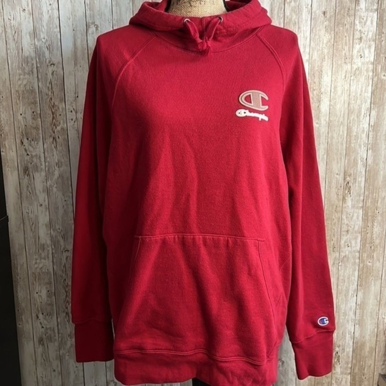 🌖 Champion Women’s Powerblend Logo Fleece Hoodie Sweatshirt Cranberry Red
