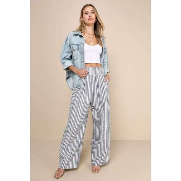 NWT Lulus Blue And White Striped Cotton Linen Wide-leg Pants – Size M