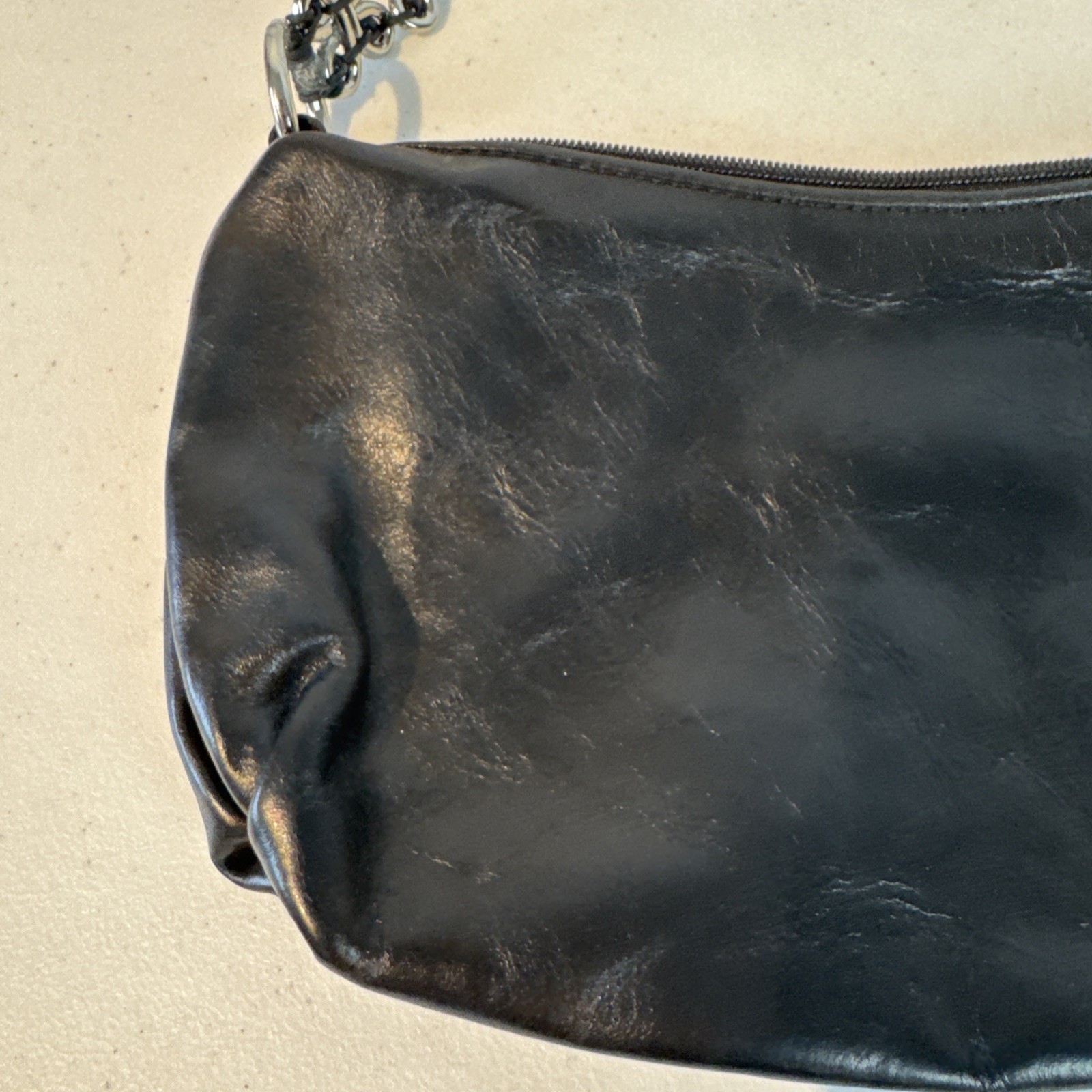 Elliott Lucca Black Leather Hobo Handbag Silver Tone Chain Strap Zipper