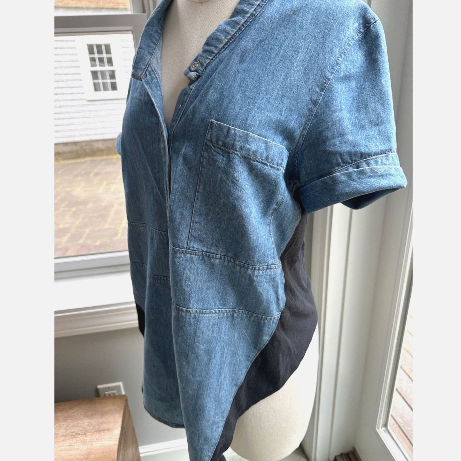 Helmut Lang New York Era Chambray Denim Mixed Media Top Sz M Made USA 2002