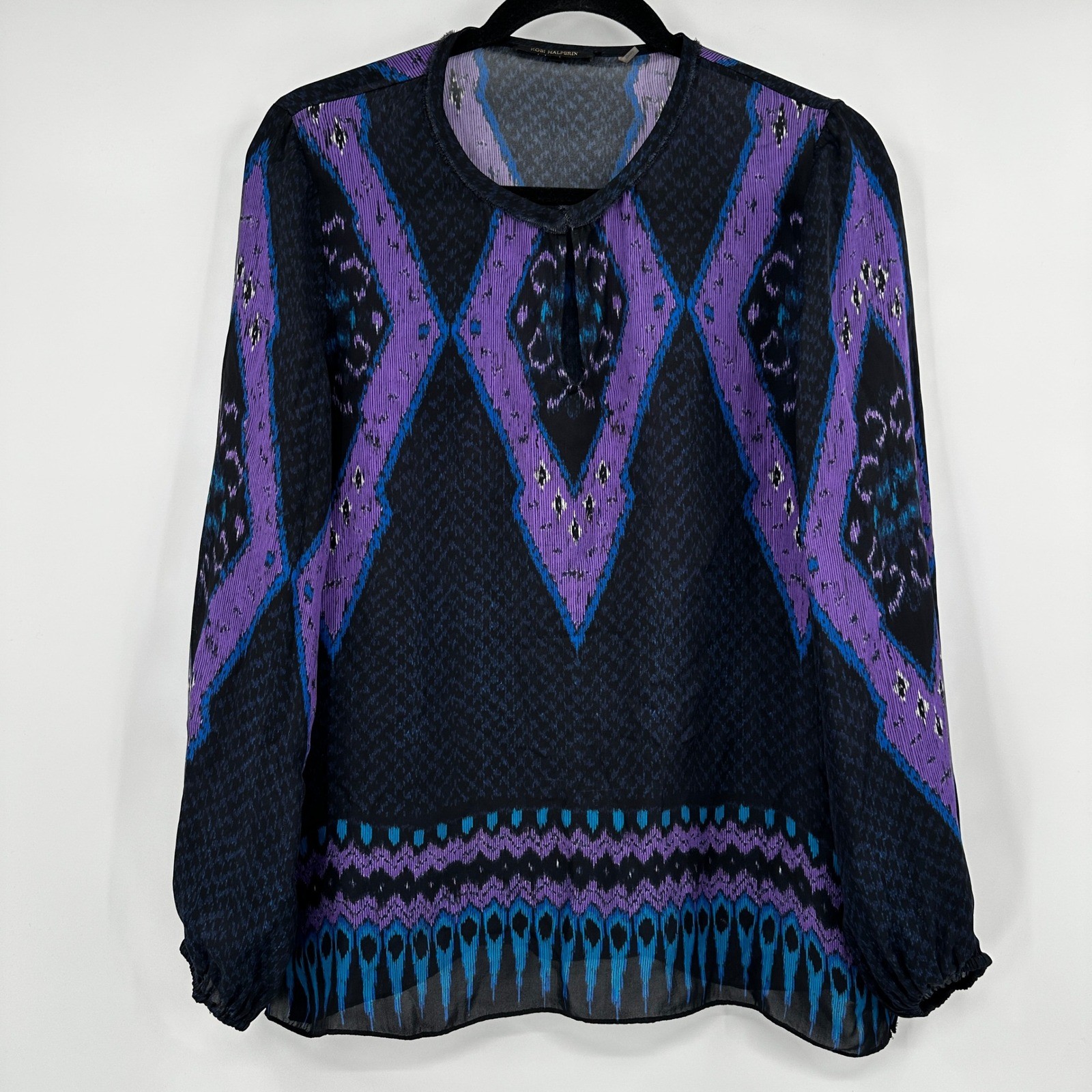 Kobi Halperin Silk Blend Ikat Print Blouse Bold Purple Ethereal Size Medium