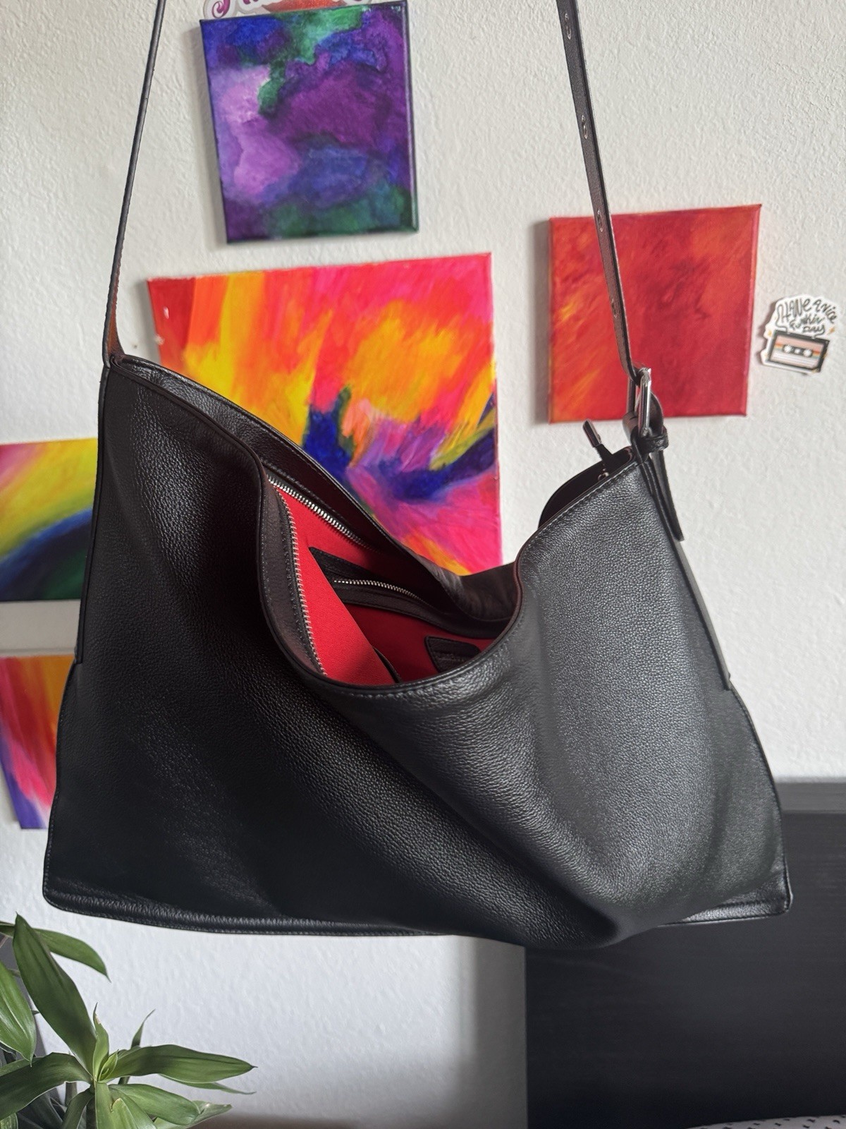 Late To Work Women’s Black Shoulder Bag Red Lined Zip Closure Inner Pockets