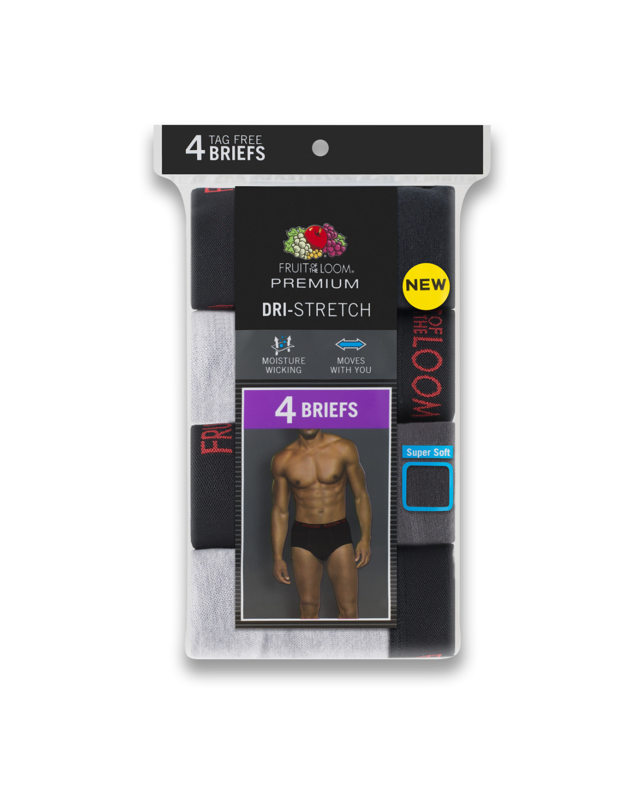 Fruit of the Loom® Premium Dri-Stretch Men’s Briefs, 4 Pack – Assorted “Cotton”
