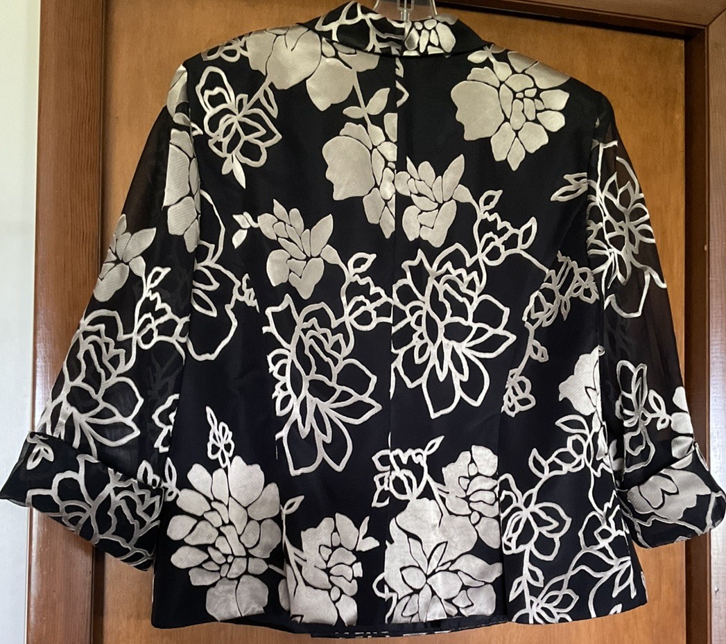 Alex Evenings Jacket Women 2X Black Floral Sheer Chiffon 3/4 Sleeve 80s Vintage