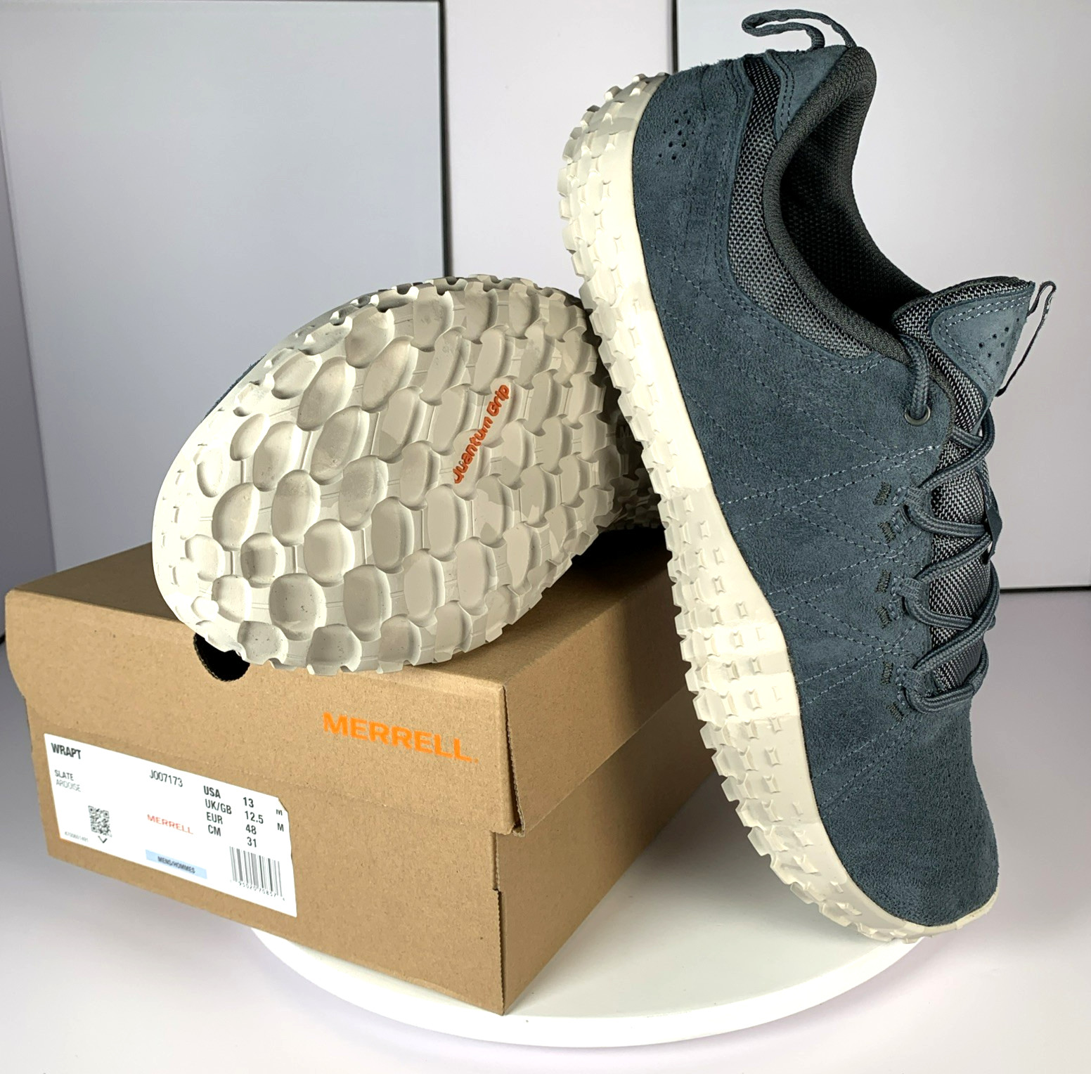Merrell Mens Wrapt Slate Blue Gray Barefoot Minimalist Suede Sneaker Shoes, 13