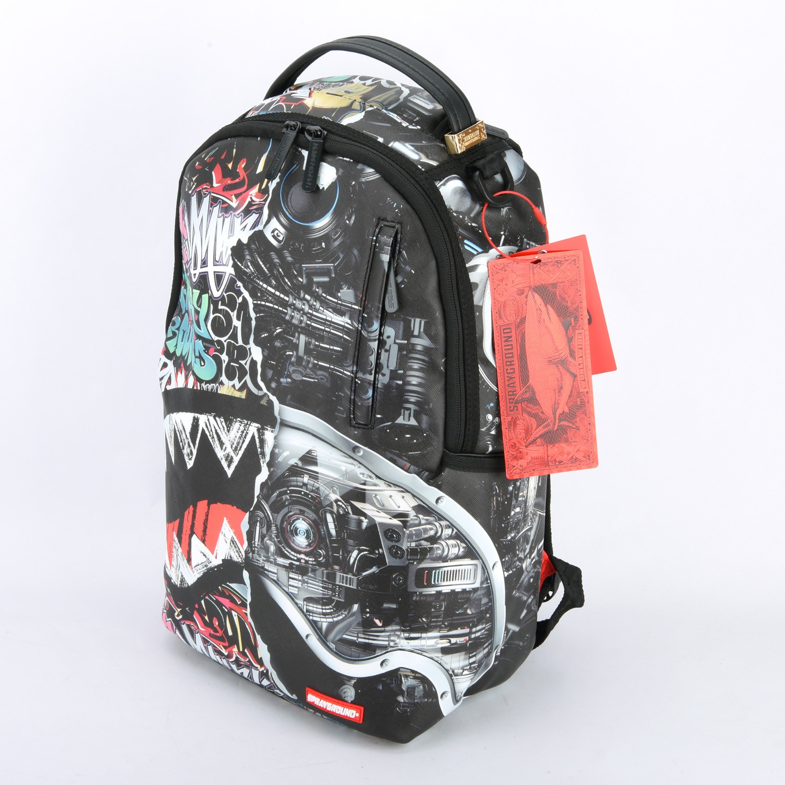 Sprayground New City Android Shark Leather Bag zipper Backpack Unisex Black