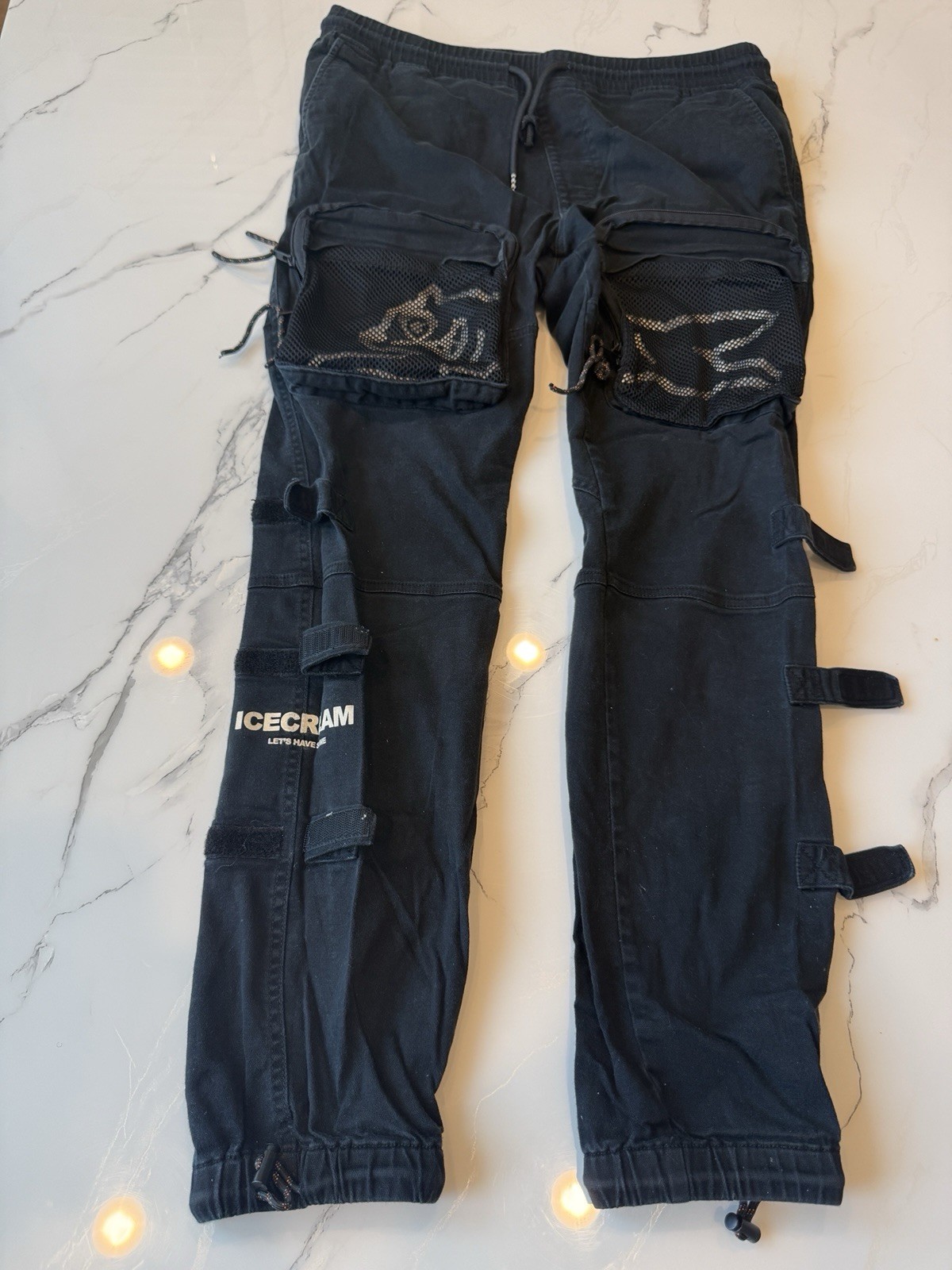 Icecream Men’s Black Solid Cargo Pants Logo Accent Drawstring Pockets Size L