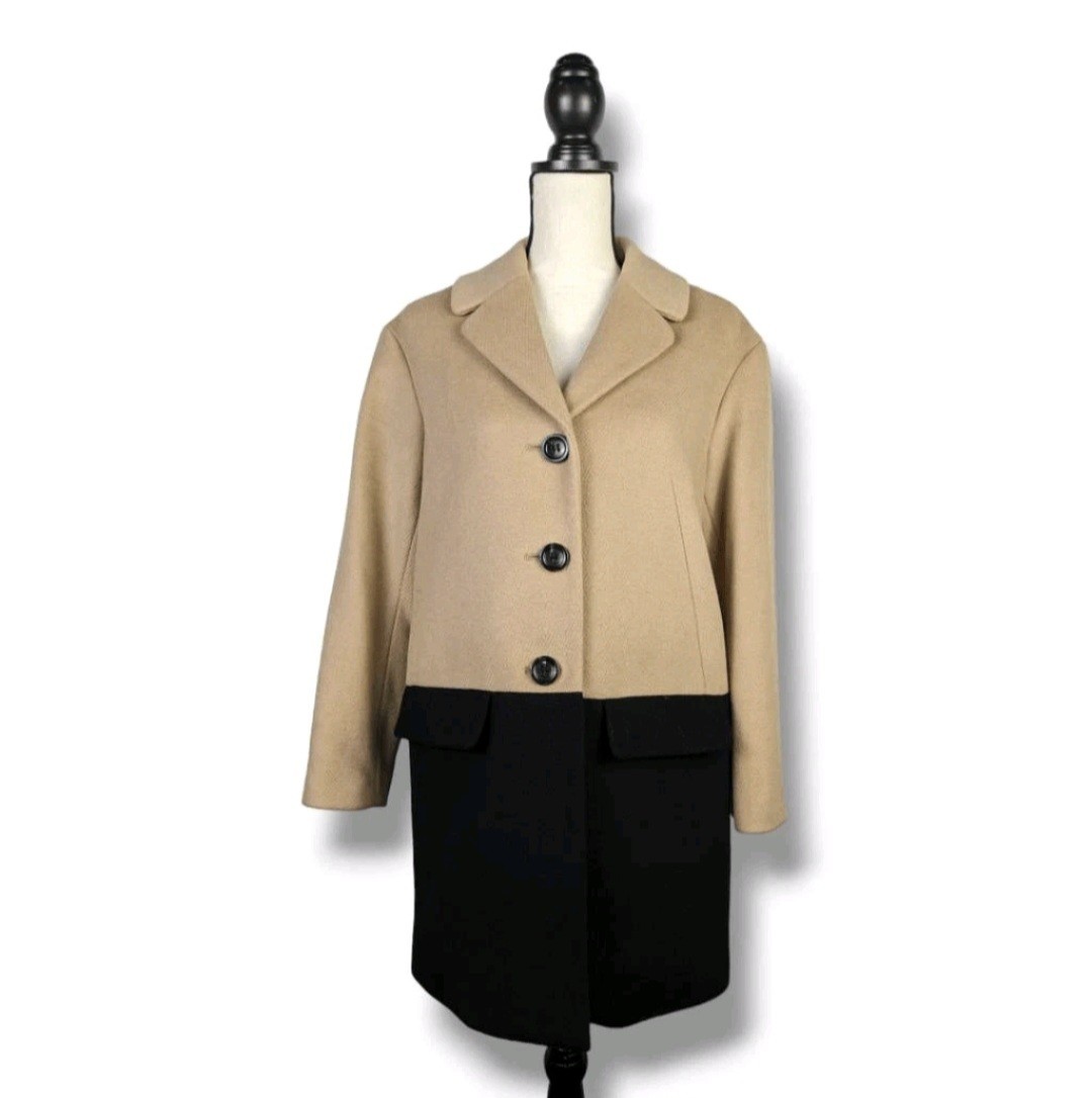 Talbots Two-Tone Wool Blend Colorblock Overcoat 10 Petite Black & Tan Buttons