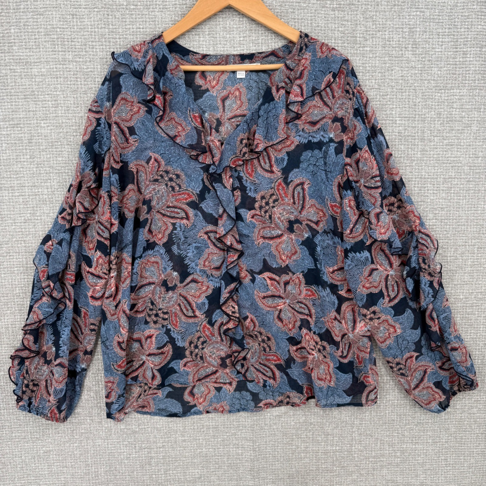 Chicos Ruffle Front Blouse Women 3.5 18 Blue Red Floral Flowy Boho Cottage Fairy