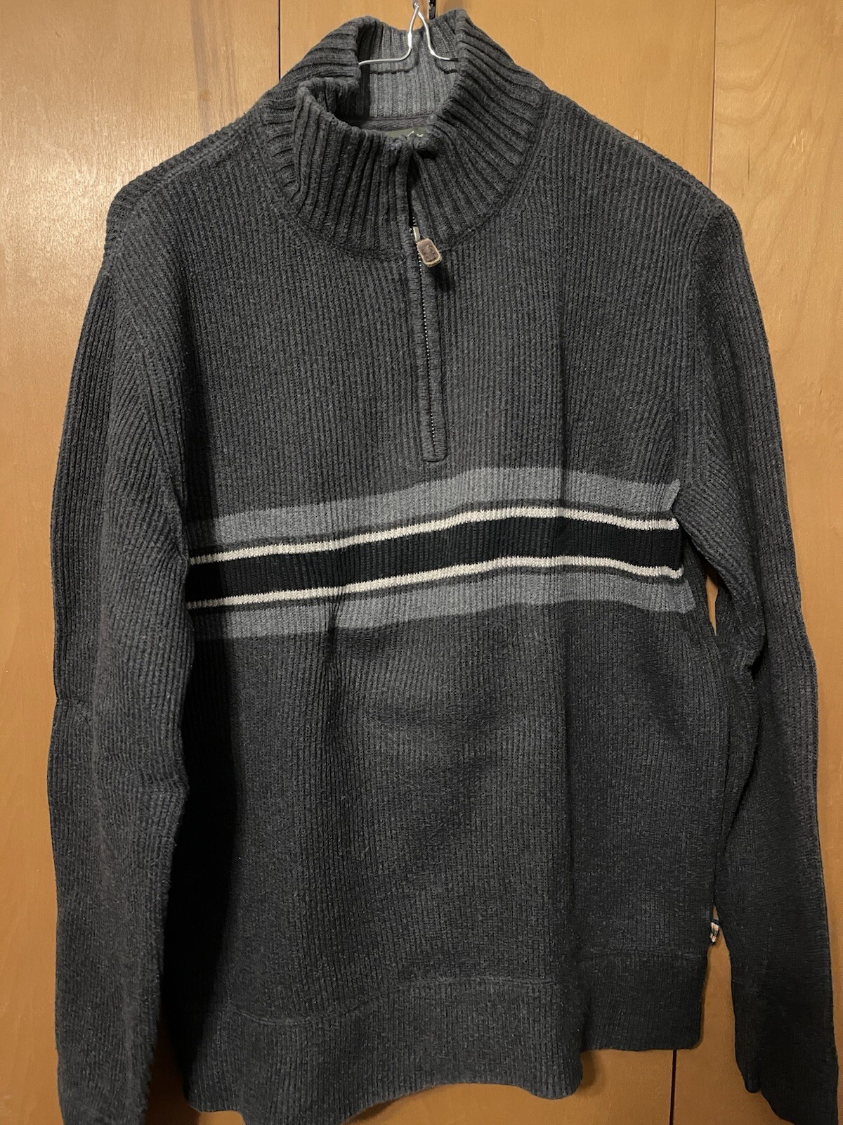 EDDIE BAUER SIGNATURE COTTON QUARTER ZIP MEN CHARCOAL CHEST STRIPE SWEATER SMALL
