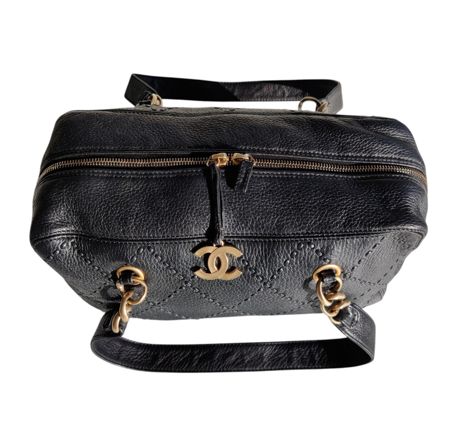 Vintage Chanel Black Leather Bowling Bag Surpique Gold CC Zip Authentic Shoulder