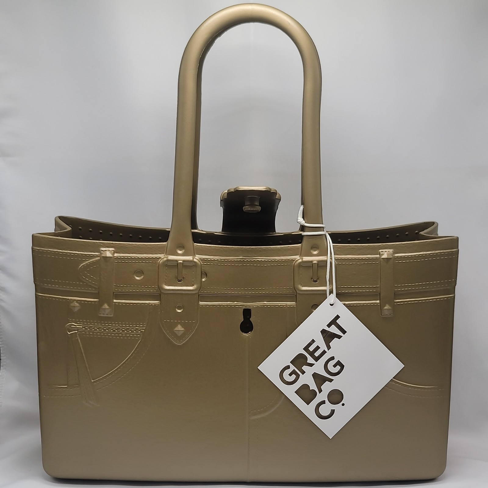 Great Bag Co. Embossed Beige Tote with Buckle Closure and Bottom Studs