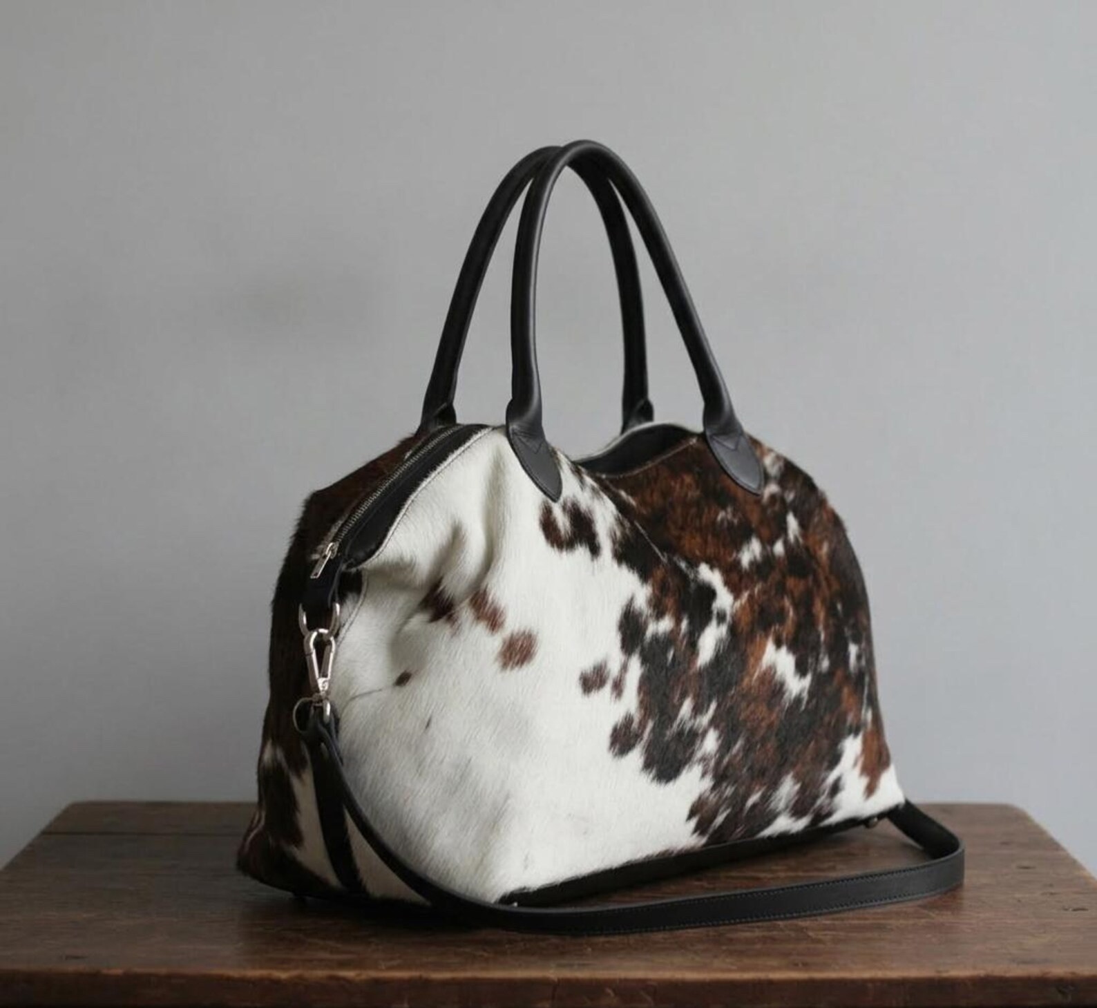 Genuine Leather Cowhide Tote Bag Brown White Cow Print Shoulder Handbag