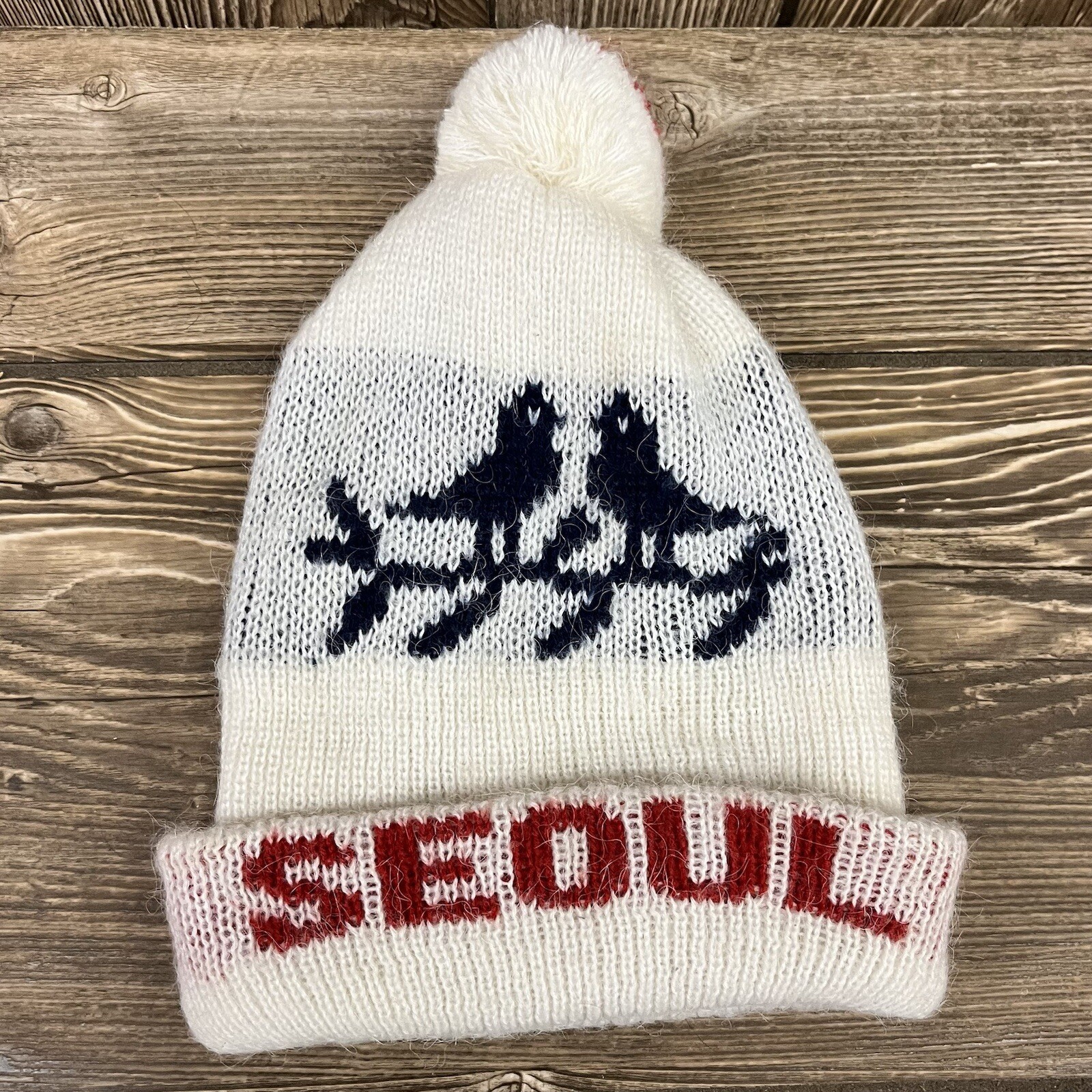 Vintage Seoul South Korea Winter Knit Pom Pom Beanie Ski Hat Cap White Blue Red