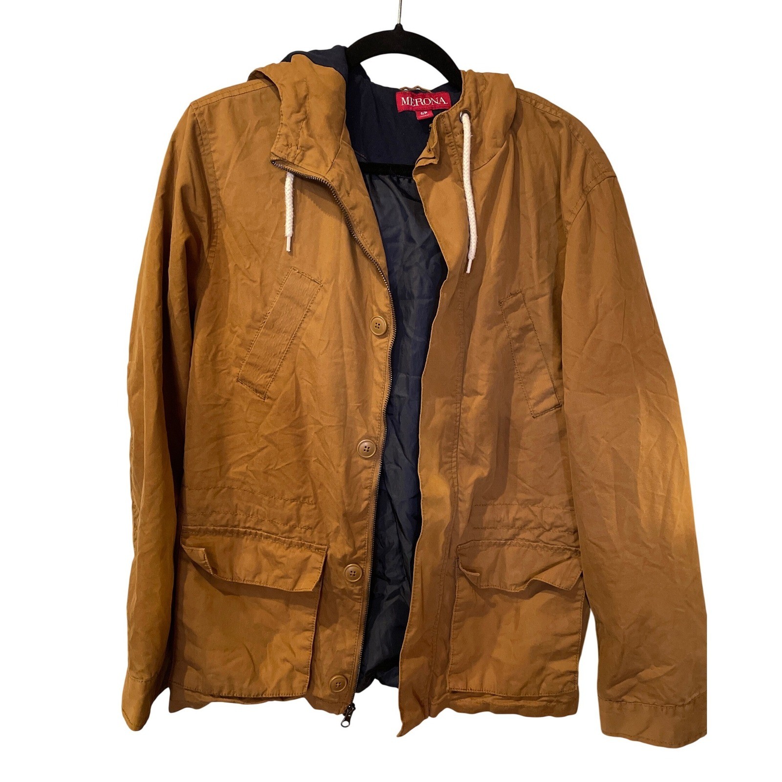 Merona Mens Khaki Hooded Utility Jacket Casual Lightweight Button Snap Zip
