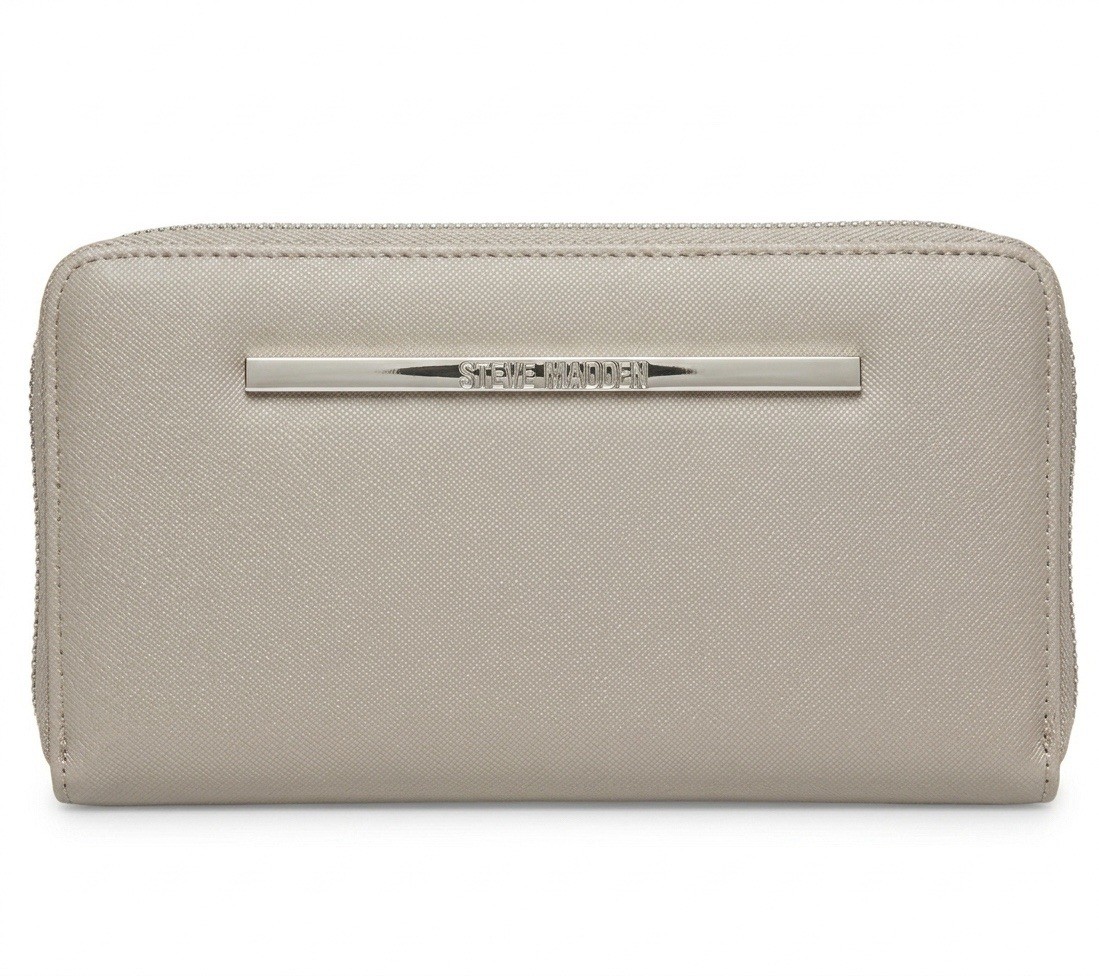 Steve Madden Beige Wristlet Wallet with Logo, Metal Accent, Zipper, Wrist Strap